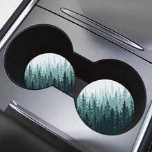 2pcs Fresh Pine Tree Forest Car Cup Holders, 2.8 Inch Round Decorative Car Cup Mats, Home And Auto Water Cup Coasters, Unisex Car Interior Accessories, Decorative Coasters, Suitable As Gifts For Family And Friends On Holidays And Birthdays - Car Coasters - View 4