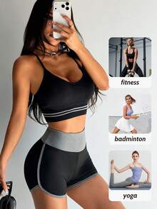 1pc Yoga Contrast Color Cropped Leggings, Casual 2/3 Length Pants Design - Black - View 5