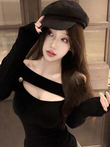 Áo len dệt kim co giãn, khoét lỗ, kiểu dáng thanh lịch, hàng mới về mùa xuân/hè, thích hợp mặc trong. - màu đen - Xem 6