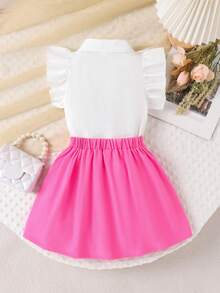 2pcs/Set Toddler Girls' Cute Sweet Ruffle Trim Sleeveless Top And Bow Decor Skirt Set, Summer - Hot Pink - View 2
