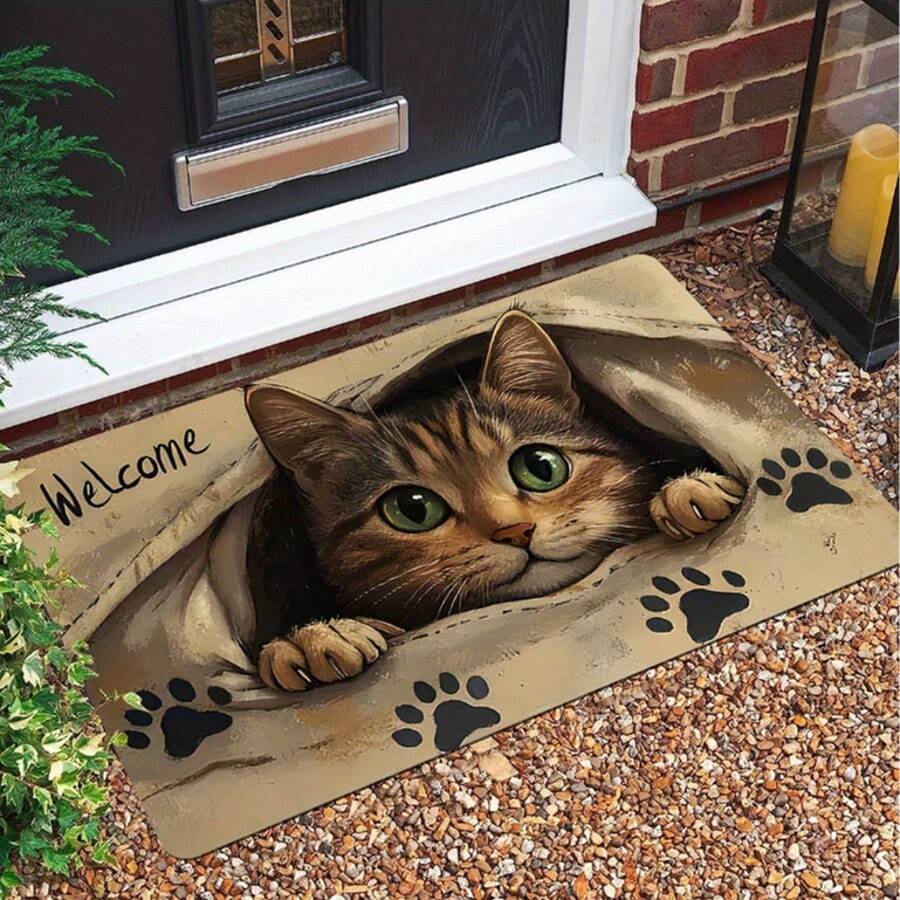 1pc Whimsical Cartoon Cat Door Mat - Non-Slip, Polyester Welcome Mat With Playful Feline Design, Ideal For Home Entrance, Bathroom, Laundry Room, Bathroom Mat | Playful Cat Design | Durable Mat, Cat Decor