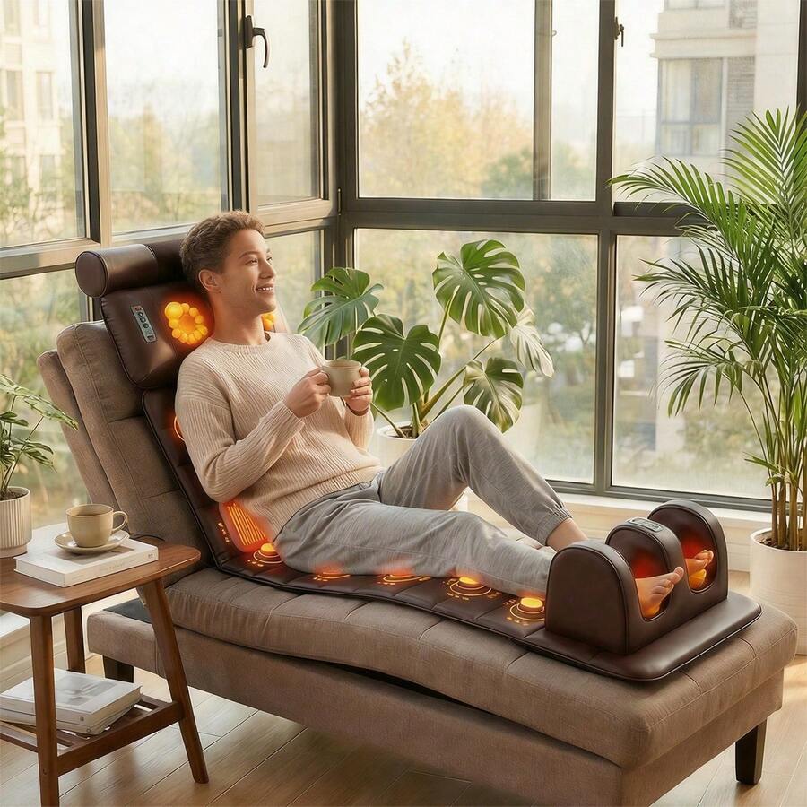 HanTai Complete Set Of Large Gray Full-Body Heating Massager Featuring Two Styles Of Velvet Fabric, Including A Neck And Foot Device Along With A Massage Headrest, Lumbar Mat, Timer, And A Comfortable, Durable Design With A Non-Slip Base