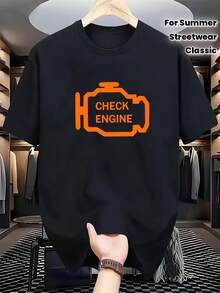 Camiseta Casual para Hombre con Estampado "Check Engine"| Mezcla transpirable, corte clásico, mangas cortas, cuello redondo, lavable a máquina, perfecta para ropa urbana de verano o estilo cotidiano, camiseta de uso diario.| Diseño del Motor de Control| Ajuste cómodo, talla grande - Blanco - Ver 1