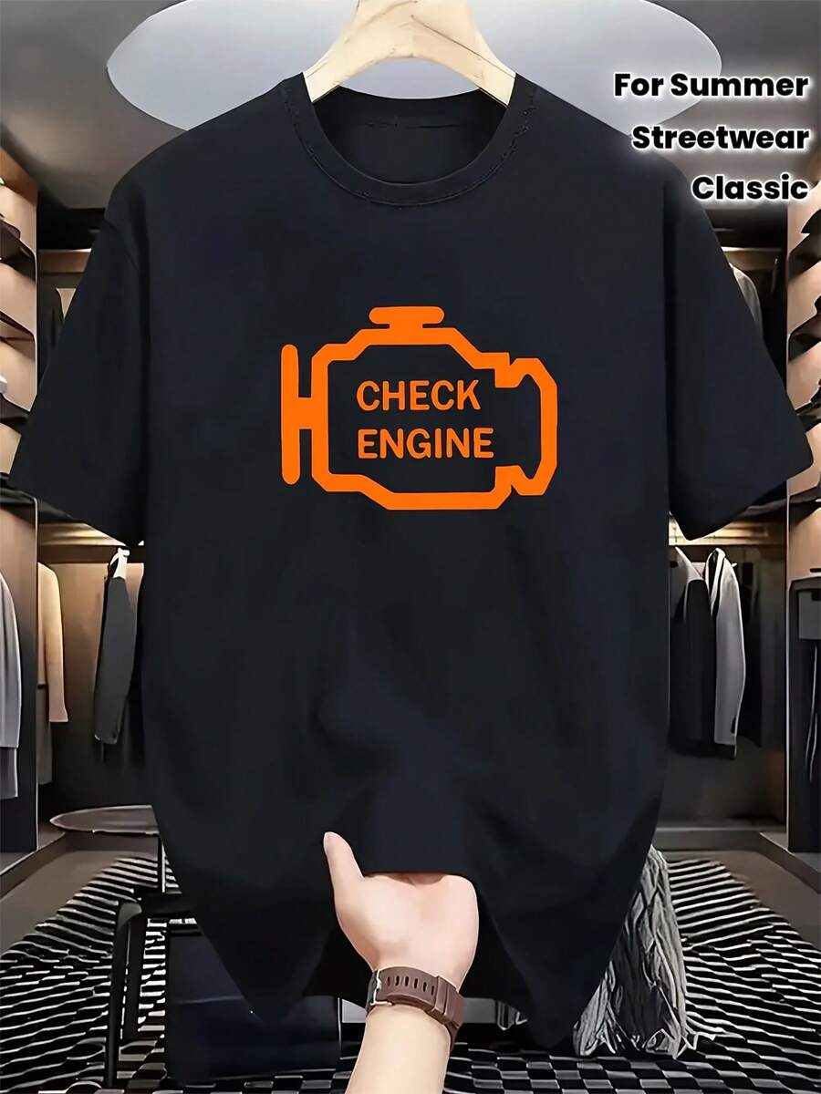 Camiseta Casual para Hombre con Estampado "Check Engine"| Mezcla transpirable, corte clásico, mangas cortas, cuello redondo, lavable a máquina, perfecta para ropa urbana de verano o estilo cotidiano, camiseta de uso diario.| Diseño del Motor de Control| Ajuste cómodo, talla grande - Blanco - Ver 1