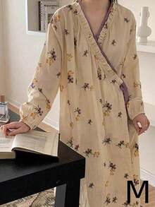 女士睡袍，欧美简约长袖睡衣，新款春秋紫色印花长袖薄款纯色家居服，宽松时尚可爱 - 多色 - 查看 16