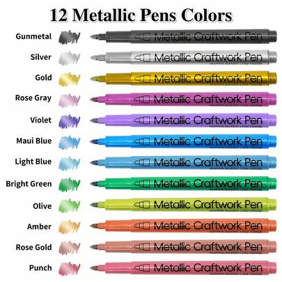 12 piezas de bolígrafos de punta dura con núcleo de algodón, textura metálica, colores brillantes, secado rápido e impermeable, no se desvanece fácilmente, marcadores metálicos de punta media, adecuados para papel negro, vidrio, pintura de rocas, calabazas de Halloween, elaboración de tarjetas, scrapbooking, álbumes, manualidades navideñas