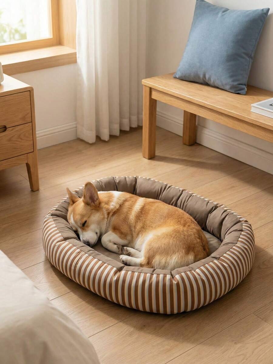 Oval Pet Bed, Oxford Striped, Warm And Washable, Suitable For Dogs And Cats All Year Round - Multicolor - View 1