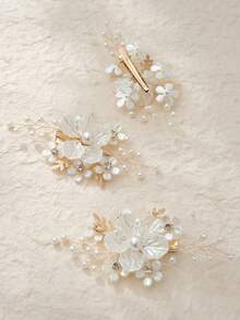 Juego de 3 piezas de elegantes pinzas para el cabello con flores de concha falsa, pinzas laterales con hojas de perlas y strass, accesorios para peinados de novia y dama de honor - Dorado - Ver 8