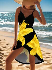 Women's Floral Print Beach Cover Up, Casual Wrap Dress For Summer Vacation - Yellow - View 3