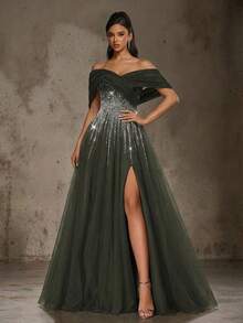 Vestido largo con escote strapless y mangas tipo capa de tela tejida elegante, adecuado para ocasiones de noche - Verde - Ver 7