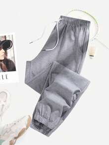 Plus Size Women's Sweatpants, Solid Color Casual Pants For Autumn/Spring, Drawstring Waist With Zipper Pockets, Suitable For Yoga, Running, Workout Sports - Light Grey - View 2