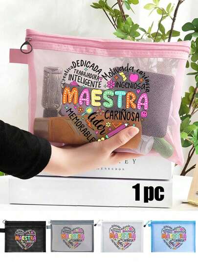 MAESTRA Letter Pattern Mesh Bag, Letter Lettering Floral Print Zipper Women'S Cosmetics Bag,Transparent Mesh Storage Bag Wash Bag, Gifts For Her,Suitable For Women'S Cosmetics Storage, University Dormitory Cosmetics Storage