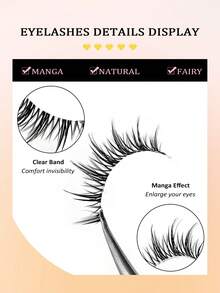 Asiteo 5 pares de pestañas postizas de estilo manga con diseño de ojos de dibujos animados para danza y actuación, con aspecto natural y banda transparente, para uso diario y citas - Negro - Ver 4