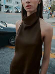 Women Satin Halter Tops Open Back Hidden Button Crop Tops Elegant Cowl Tank Tops Summer Sleeveless Loose Vests Solid Color Going Out Shirt Streetwear - Brown - View 1