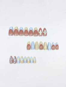 Y2K可爱3D树脂蓝黄花瓣法式美甲贴片，24片中长杏仁形甲片，自粘式假指甲，适合上班族、日常佩戴、约会、下午茶等场合。 - 棕色 - 查看 2