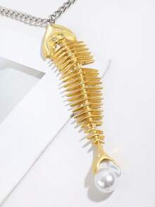 1件女士时尚休闲水晶鱼骨仿珍珠链项链，适合街头、派对、聚会等场合，独特百搭 - 彩色 - 查看 2