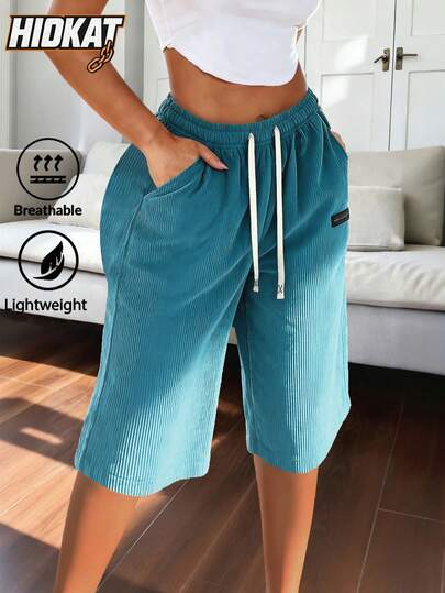 Hidkat Quần short nữ mùa hè nhẹ, thoáng khí, chất liệu nhung kẻ, cạp chun có dây rút và túi sau, thời trang cho hẹn hò, công sở, du lịch, mua sắm, mặc hàng ngày và thể thao.