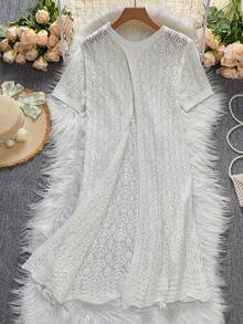Đầm dệt kim tay ngắn mùa hè mới dành cho nữ, đầm dệt kim lượn sóng xẻ tà sau lưng, đầm thường ngày đi nghỉ mát. - màu trắng nhạt - Xem 2