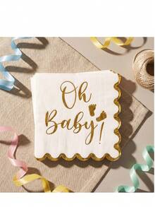 「Oh Baby!」金色箔印拋棄式紙巾，白色帶金邊優雅波浪邊框餐巾紙，適用於嬰兒洗禮、性別揭曉、生日派對 - 白色 - 查看 2