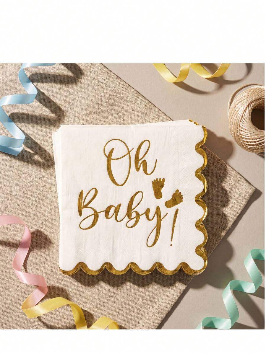 「Oh Baby!」金色箔印拋棄式紙巾，白色帶金邊優雅波浪邊框餐巾紙，適用於嬰兒洗禮、性別揭曉、生日派對