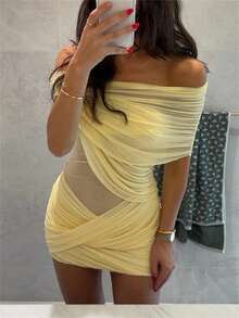Kliou Sexy One-Shoulder Dress Women Multi-Layer Sexy Contrast Mesh, Fashion Party Birthday Vacation Mini Fitted Dress Elegant Summer - Yellow - View 7
