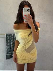 Kliou Sexy One-Shoulder Dress Women Multi-Layer Sexy Contrast Mesh, Fashion Party Birthday Vacation Mini Fitted Dress Elegant Summer - Yellow - View 5