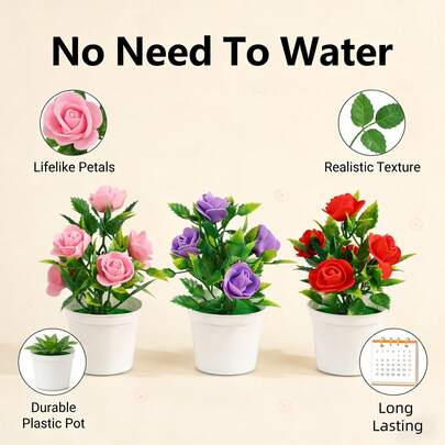 1 Pot Artificial Plastic Rose Potted Plant, Suitable For Women, Mothers, Home, Hotel, Office Desk Decor, Birthday, Graduation, Valentine's Day Gift