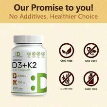 Supplement Vitamin D3 & K2, 250 Veggie Softgels |       2-In-1 Formula (5000  D3 + 100mcg K2 MK7) |       Supports Healthy Bones, Teeth, Heart, & Immune System |       Nutrition & Healthcare Supplement Dietary Edible Fitness - 3件 - 查看 6