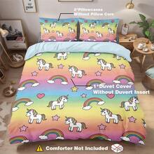 Juego de 3 piezas (1 Funda nórdica + 2 Fundas de almohada, sin relleno), Juego de ropa de cama con estampado de poni y arcoíris de dibujos animados coloridos, Suave y agradable para la piel, Apto para todas las estaciones. Disponible para cama doble extra grande, Cierre con cremallera, Lavable a máquina, Excelente decoración de dormitorio o regalo - Multicolor - Ver 7