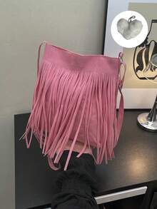 This Retro Bohemian-Style Square Bag Features A Unique And Fashionable Design With Tassel Embellishments, Making It An Ideal Choice For Autumn And Winter. Casual And Simple, It Can Be Worn Over The Shoulder Or Crossbody, Making It Versatile And Practical For Various Occasions Such As Outings, Travel, And Parties. (Includes A Heart-Shaped Charm) - Tassel Messenger Bag + Pendant - View 15