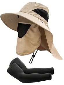 [Bộ 2 món] Mũ chống nắng vành rộng có thể gập lại UPF 50+ + Bộ bao tay giữ lạnh, Mũ chống nắng ngoài trời dành cho nam, Mũ câu cá kèm che cổ - A - Xem 10