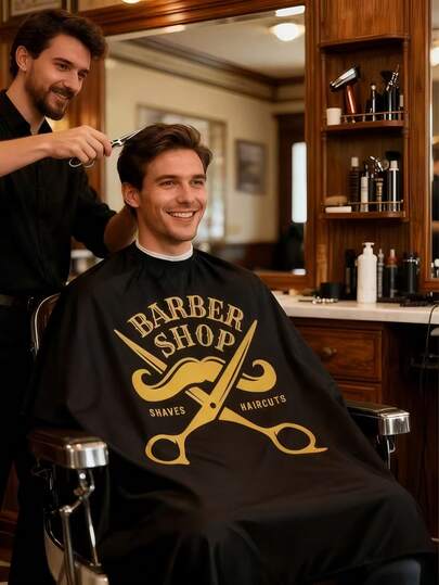 1pc Vintage Golden Scissors & Mustache Barber Gown, Waterproof Anti-Static Non-Stick Hair Cutting Cape, Professional Barbershop Hairdressing Smock, Suitable For Barbershop/Home Haircut/Men's Shaving