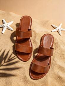 Women Flat Slide Sandals Double Strap Minimal Design Soft PU Material Lightweight Comfortable Beach Vacation Brown Style - Brown - View 7