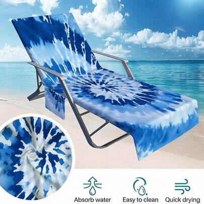 1 chiếc bọc ghế nằm lớn 210x75cm màu xanh dương và trắng nhuộm tie-dye, chất liệu vải khăn siêu mềm mại, thấm hút tốt, nhanh khô, nhẹ, có túi đựng, thích hợp cho hồ bơi, bãi biển, cắm trại và dã ngoại, bọc ghế bãi biển.