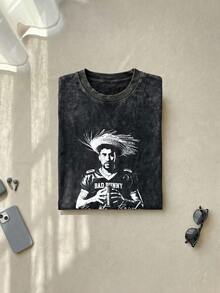 Bad Acid Bunny Benito Bowl Graphic Tee Acid Washed Shirt Unisex Couple Matching Boyfriend Style Football Jersey Portrait Straw Hat Print Reggaeton Music Merch Distressed Cotton Summer Outfits Graphic Tees Men Oversized T Shirt Camisetas Para Hombre - 黑色 - 查看 2