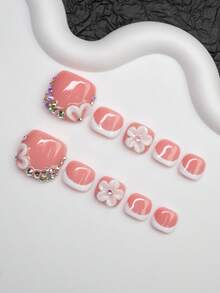 14 Stücke/Set handgemachte Y2K Baddie Stil Nagel Aufkleber, nude & weiße French Tip Nagel Wraps mit Blumen, Strass Designs, geeignet für Party, Hochzeit, Alltag, inklusive Zubehör, tolles Geschenk für Frauen & Mädchen (4 zusätzliche Nägel enthalten) - Verschiedenfarbig - Übersicht 2