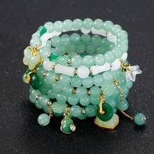 This 7-Piece Beaded Bracelet Set, Featuring Butterfly And Lily Pendants In Imitation Jade, Boasts A Vintage Chinese Style And Is Suitable For Everyday Gifting And Personal Wear. It Is Suitable For Both Men And Women-Random Style - 彩色 - 查看 5