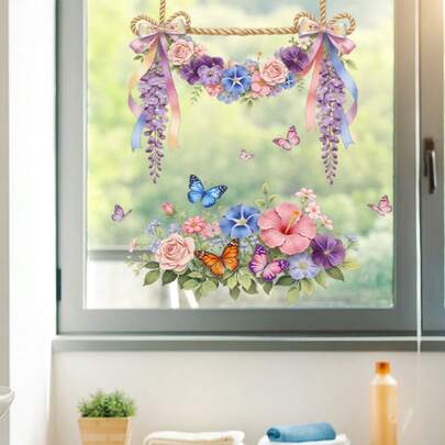1pc Flower Window Sticker,The Brightly Colored Flowers And Butterflies Fluttering Around Are Suitable For Decorating The Walls.Self-Adhesion For Windows, Doors, Living Room, Bedroom, Dining Room, Bathroom, Glass Decoration And Embellishment