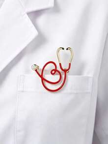 1pc Medical Stethoscope Heart-Shaped Brooch With Rhinestone Decor, Cute Holiday Style, Ideal Gift For Doctors And Nurses, Elegant Lapel Pin Jewelry - Style 1 - View 1