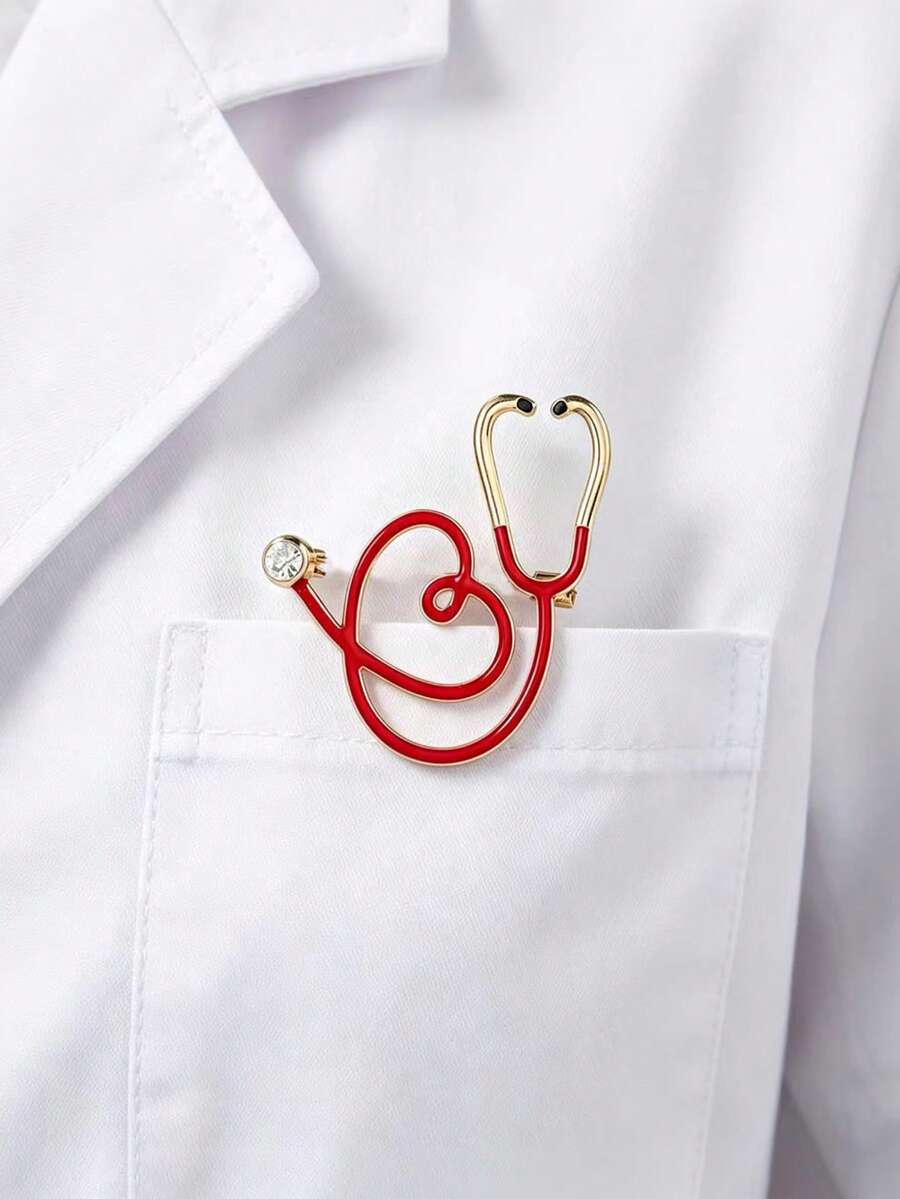 1pc Medical Stethoscope Heart-Shaped Brooch With Rhinestone Decor, Cute Holiday Style, Ideal Gift For Doctors And Nurses, Elegant Lapel Pin Jewelry - Style 1 - View 1
