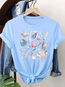 Mother's Day Mama Bear Graphic Tee 100% Cotton Light Blue Underwater Marine Life "Shell" Pattern Print - Vibrant Ocean Casual Crew Neck Short Sleeve T-Shirt - Spring/Summer - Suitable For Daily Wear Breathable Cotton Tee, All Match - 藍色 - 查看 6