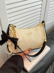 1 pieza Bolso de hombro de unicolor de PU para mujer, bolso multifuncional para debajo del brazo, adecuado para ir al trabajo, bolso cruzado con correa ajustable y decoración de lazo elegante - Blanco - Ver 2