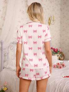 2pcs Women Pajama Set, Bow Print Shirt And Shorts, Sleepwear And Loungewear - White - View 2