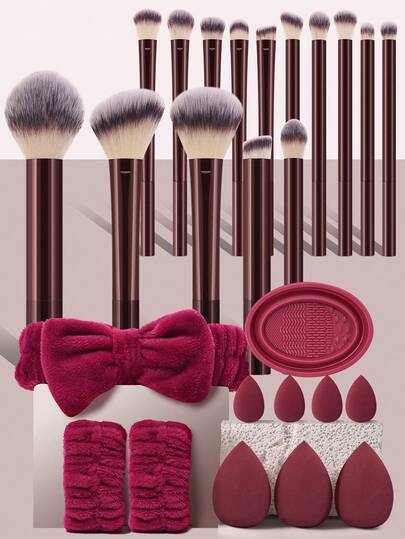 26件套高级全套彩妆工具，含15支化妆刷、7块海绵、发带、腕带和刷子清洁器 - 豪华沙龙及个人美容套装