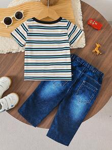 Set de 2 piezas de camiseta de manga corta con estampado de rayas y de coche y jirafa de dibujos animados, y pantalones con estampado tipo denim, para niño/niña, cómodo y ligero para el verano - Multicolor - Ver 2