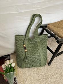 Minimalist Solid Color Large Capacity Commuter Straw Bag, Artistic Wide Braid Handbag, Vacation Style Shoulder Bag - Green - View 8