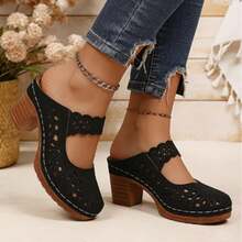 Retro Openwork Mules, Women's Platform Heel Sandals. Breathable Slip-On Design, Versatile For Spring & Summer Daily Outfits. - 黑色 - 查看 1