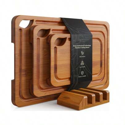 Tabla de cortar de cocina de bambú carbonizado con estante de almacenamiento de madera, tabla de cortar de doble cara con ranura para el jugo y mango ergonómico, amigable con los cuchillos, regalo de cocina