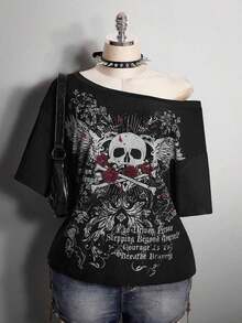 Colección verano 2026. Camiseta holgada mujer talla grande, estampado calavera y rosa gótico punk, estilo retro vanguardista. Tallas 3–7XL, apta otoño-invierno. Envío gratis 24h. - Negro 2 - Ver 1