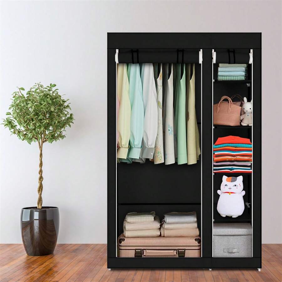 67" Portable Clothes Closet Wardrobe With Non-Woven Fabric And Hanging Rod Quick And Easy To Assemble Black - Black - View 1